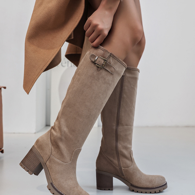 Sarah - High Buckle Taupe Boots