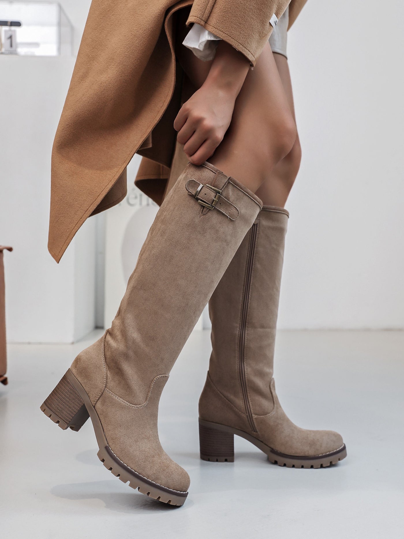 Sarah - High Buckle Taupe Boots